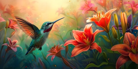 Hummingbird Hovering Near Vibrant Flowers in Tropical Jungle
