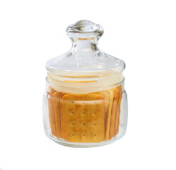 Cheese crackers in a clear glass jar, isolated on white background. Glass jar with cheese crackers.