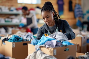 Black woman volunteers at community center packing clothes into cardboard boxes. Cuts open box with scissors. Clothes of various colors, styles organized on table. Room with window, door in