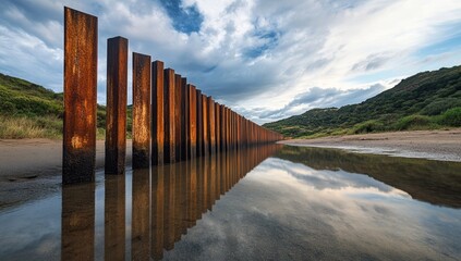 Sturdy wooden posts rise from the calm water, reflecting the vibrant sky amid a serene beach setting during sunset