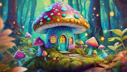 Fototapeta premium oim painting style cartoon character illustration multicolored Miniature fairy house in amanita muscaria mushroom