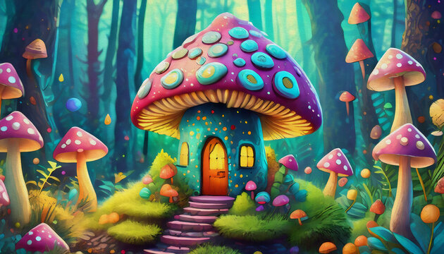oim painting style cartoon character illustration multicolored Miniature fairy house in amanita muscaria mushroom