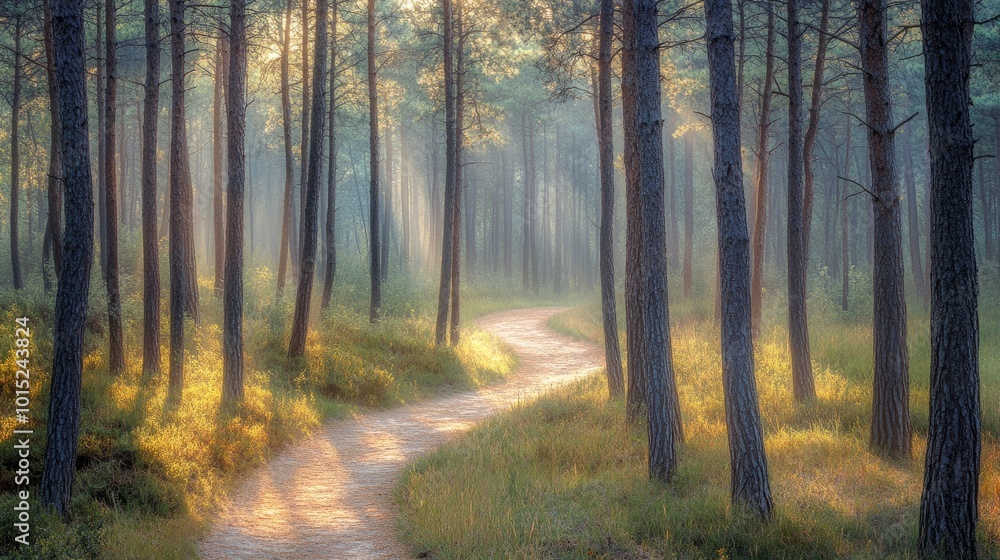 Poster sunbeams illuminate a winding path through a misty forest.