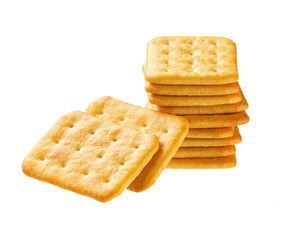 Stack of cheese crackers isolated on white background. Cheese crackers placed on top of each other on a white background.