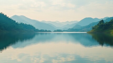 Fototapeta premium Serene lake with a mountainous backdrop and a hazy atmosphere.