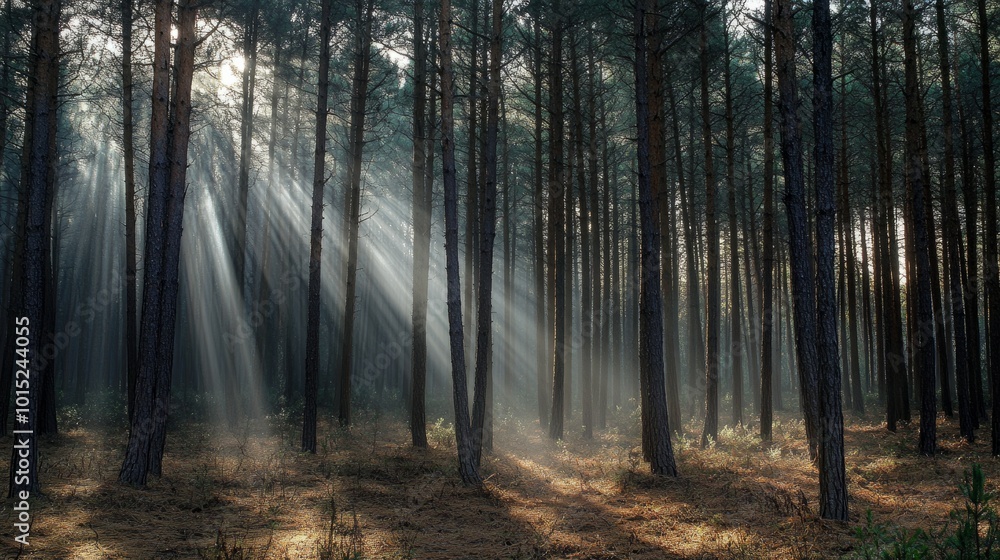 Poster sunbeams shining through a dense pine forest, creating a magical atmosphere.