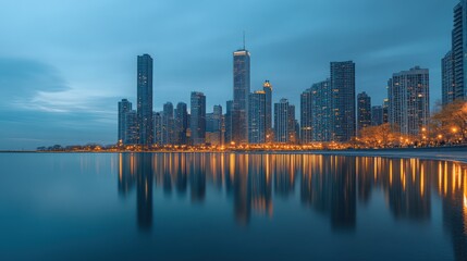 Fototapeta premium A panoramic view of a city skyline at dawn with skyscrapers reflecting in the calm water.