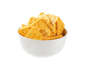 Cheese crackers in a ceramic bowl isolated on white background.