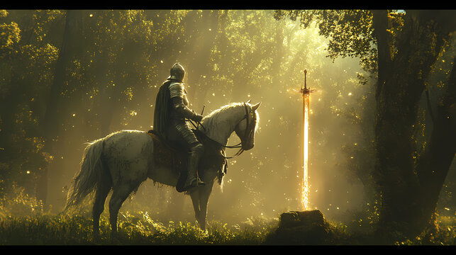A knight in shining armor, atop a noble steed, wields a glowing enchanted sword, poised at the ancient forest's edge, ready for adventure. Heros Journey. Illustration