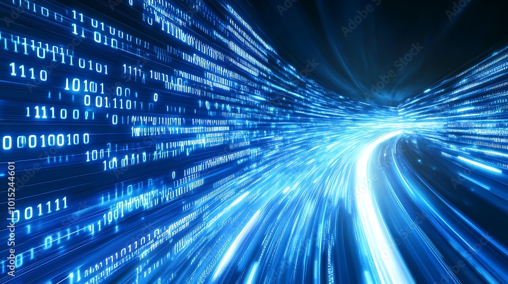 Poster Abstract digital tunnel with binary code flowing through it, representing high speed data transfer and connectivity.