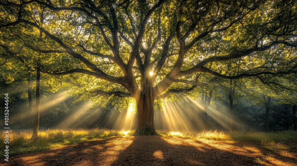Aufkleber sunlight streams through the branches of a large oak tree in a forest.