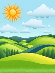 Fototapeta premium Sunny day with rolling green hills and a blue river, cartoon style.