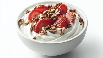 A bowl of Greek yogurt topped with sliced strawberries and a sprinkle of nuts, set on a clean white background for a fresh, healthy vibe.