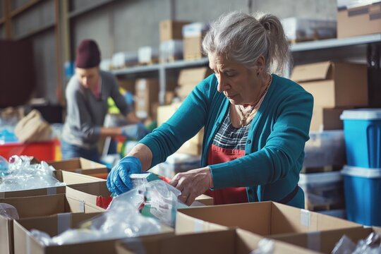 Woman sorts through cardboard boxes in warehouse. Adult volunteer organizes donations, humanitarian aid center. Blue shirt, white, hands busy. Boxes stacked on shelf, warehouse background with