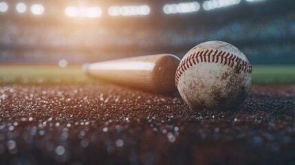 A baseball and bat lie on the infield of a stadium.