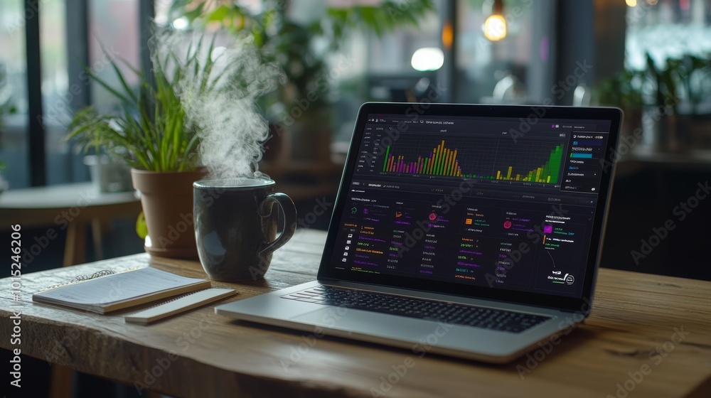 Poster a laptop with colorful graphs and charts is open on a rustic wooden desk. a steaming ceramic mug and