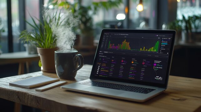 A laptop with colorful graphs and charts is open on a rustic wooden desk. A steaming ceramic mug and a notepad enhance the cozy workspace, surrounded by lush indoor plants