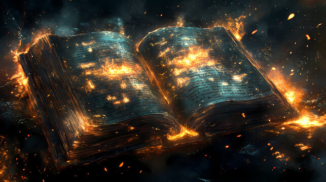 An ancient spellbook lies open, illuminated by spectral flames, its pages filled with cryptic symbols and forgotten rituals. Spellbook. Illustration