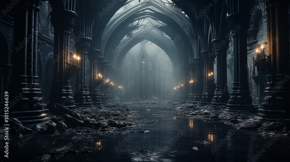 Poster dark gothic abandoned ancient chapel hall interior with tall windows and columns, foggy and empty, n