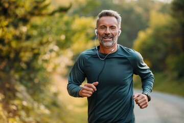 Obraz premium Mature athletic man runs on winding road in nature. He wears blue shirt and white earphones, smiling face. Rich green plants surrounds the road with trees and grassy area in distance.