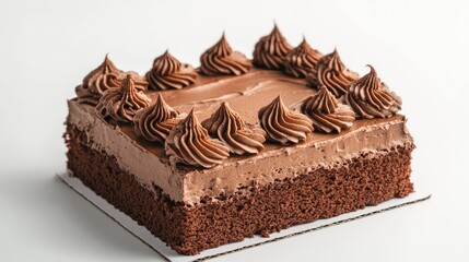 A rectangular vintage cake with rich chocolate icing and delicate piping, isolated on a bright white surface for a nostalgic presentation.