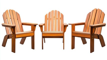 Three wooden adirondack chairs isolated on a white background.