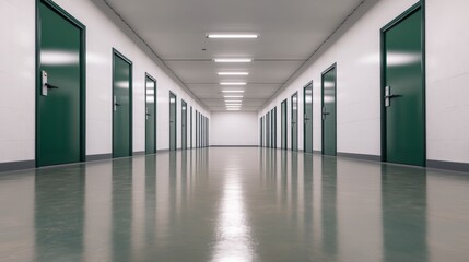 Obraz premium A long corridor features symmetrical green doors on either side against white walls, with a polished floor reflecting soft lighting, creating a quiet atmosphere
