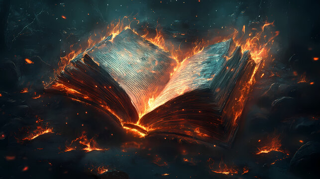 An ancient spellbook lies open, illuminated by spectral flames, its pages filled with cryptic symbols and forgotten rituals. Spellbook. Illustration