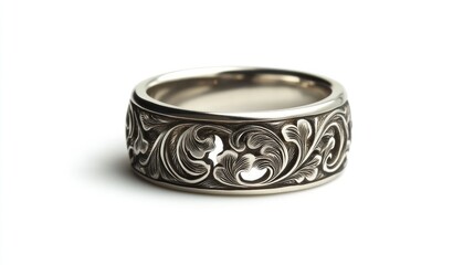 A silver ring with intricate hand-engraved patterns, isolated on a white background, showcasing the precision and beauty of the craftsmanship.