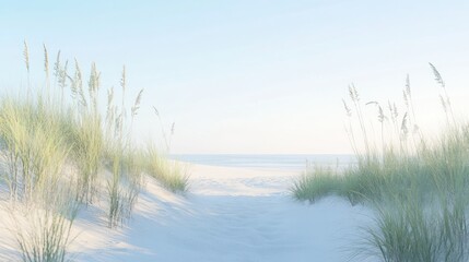 A path through the sand dunes leading to a beach with sea in the distance.