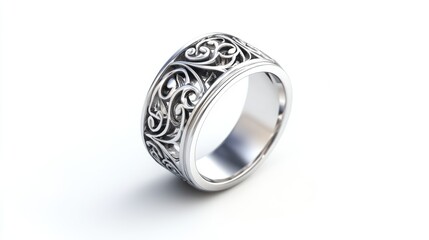 A silver ring with intricate hand-engraved patterns, isolated on a white background, showcasing the precision and beauty of the craftsmanship.