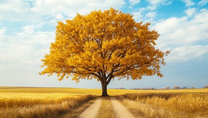 Fototapeta premium A large, golden-leaved tree is centered beside a dirt path stretching through a field of golden crops under a sunny autumn sky