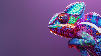  Vibrant colorful chameleon close-up against a purple background. Copy space. Generative AI	