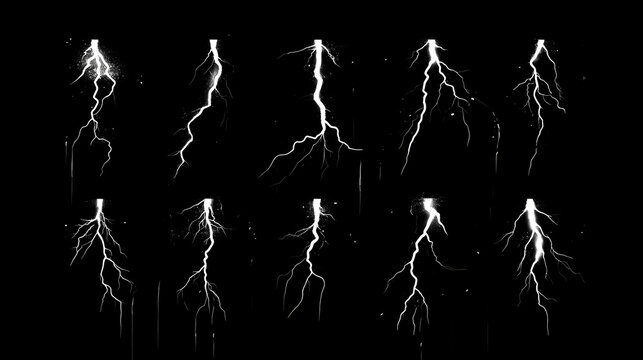 A sprite sheet presents lightning strikes animation, portraying realistic white electric thunder impacts against a night sky, isolated on a black background. Water Sprite. Illustration