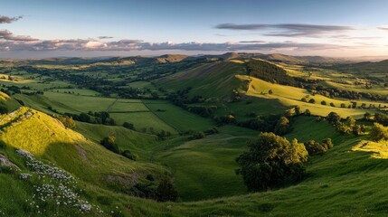 Fototapeta premium Rolling green hills create a serene countryside view, bathed in sunlight. The clear sky enhances the peaceful atmosphere, inviting exploration of nature’s beauty