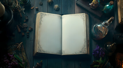 A witch spellbook open to a blank page, surrounded by mystical artifacts and potion bottles, perfect for party text. Spellbook. Illustration