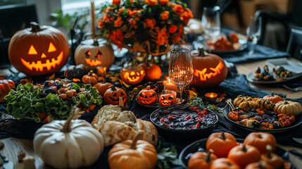 Halloween table with pumpkins and candles on the table