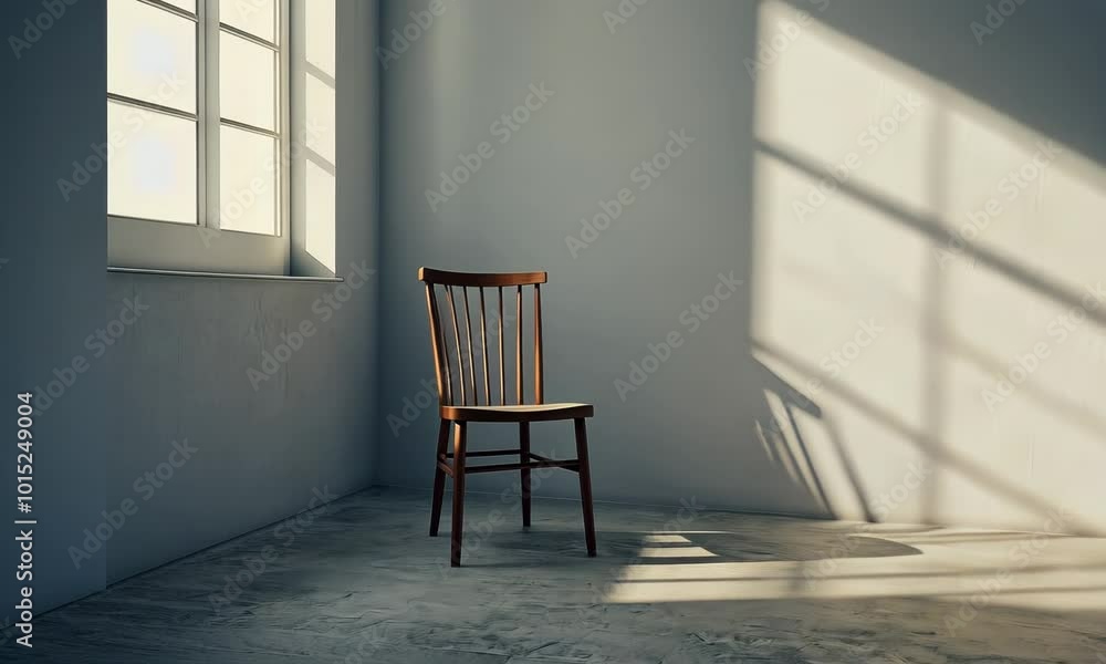 Poster minimalist scene of a single chair in an empty room, with soft light from a nearby window creating a