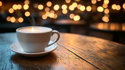 Obraz premium Cozy Coffee Moment Illuminated by Warm Bokeh Lights