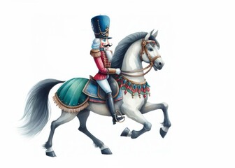 Traditioneller Nussknacker in Uniform auf dem Pferd,  wei&szlig;er Hintergrund. Passt perfekt zu festlichen Anl&auml;ssen und f&uuml;r die Weihnachtskarte, Platz f&uuml;r Text, generative KI
