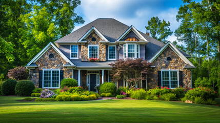Fototapeta premium Picturesque stone and siding home with lush landscaping and large windows. Generative AI 