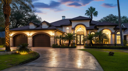 Obraz premium Elegant Mediterranean-style home exterior with palm trees and illuminated driveway at dusk. Generative AI 