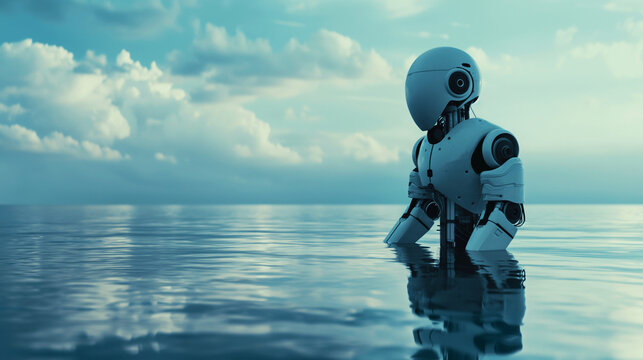  Humanoid robot standing in calm ocean water with cloudy sky background