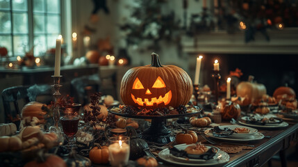 Obraz premium Halloween table with pumpkins and candles on the table