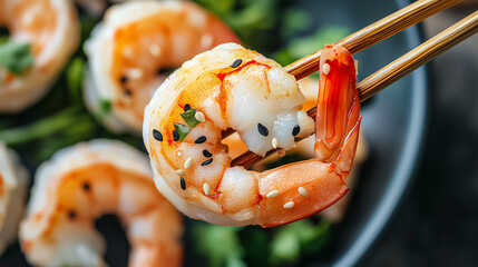 fried shrimp held with chopsticks