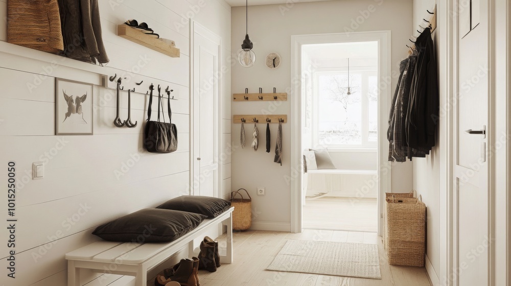 Poster The hallway showcases a minimalist design with light-colored walls and natural light flooding in. Storage options include hooks and a bench, enhancing the organized and welcoming atmosphere.