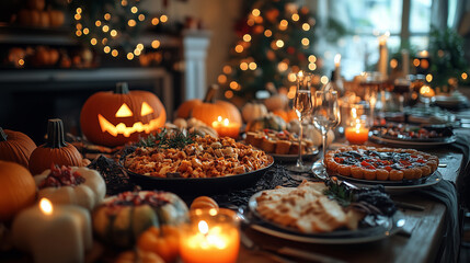 Naklejka premium Halloween table with pumpkins and candles on the table