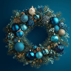 A Christmas wreath decorated with blue and turquoise ornaments, set against a blue background.
