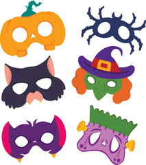 Set of masks for Halloween, New Year or party: pumpkin mask, cat mask, spider mask, witch mask, bat mask, Frankenstein mask