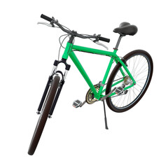Green bicycle standing while leaning on kickstand, side front view. Bike resting on kick stand. Png...